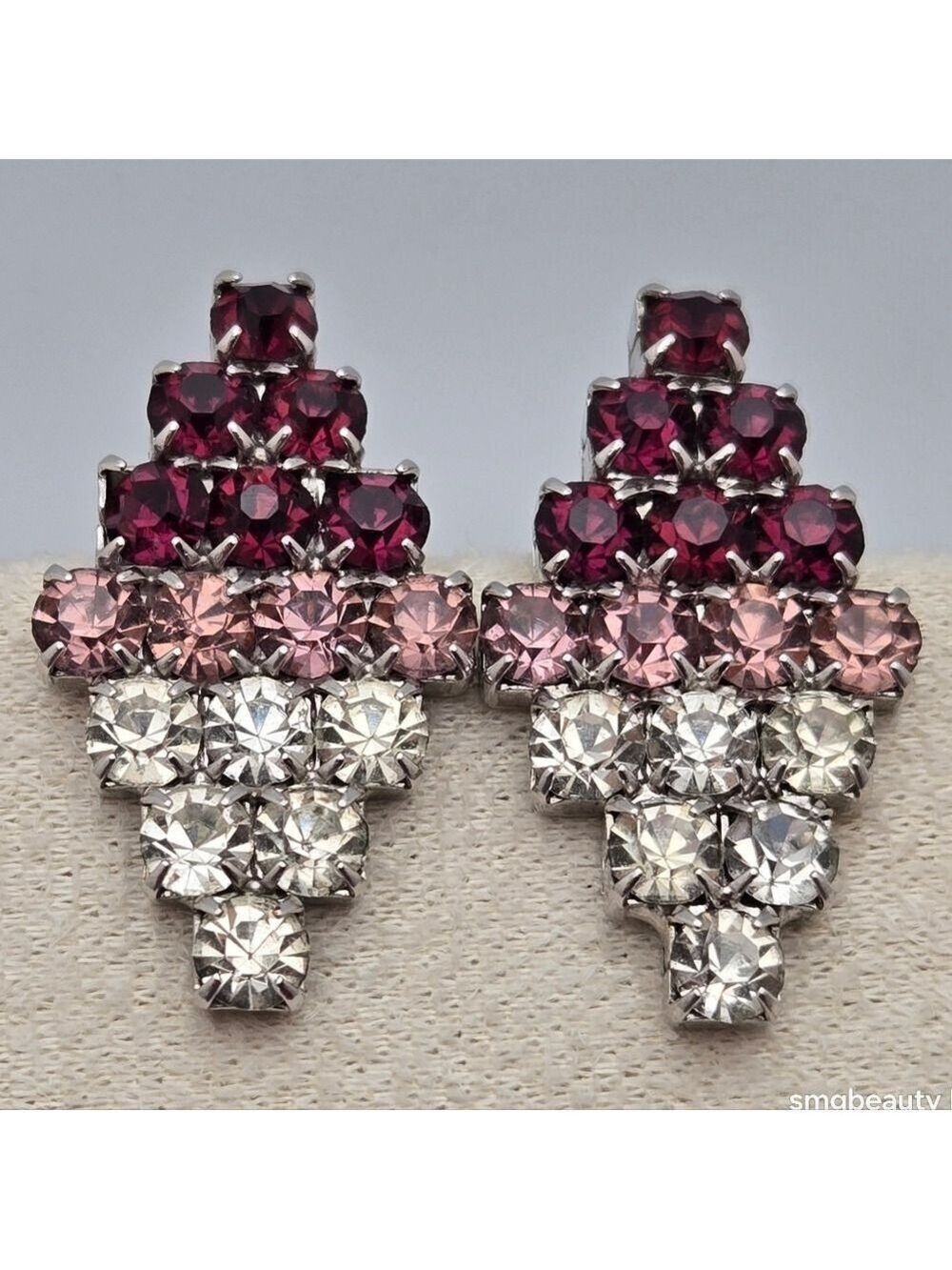 Diamond Rhinestone Stud Earrings Sparkly Purple Pink Clear Vintage Jewelry